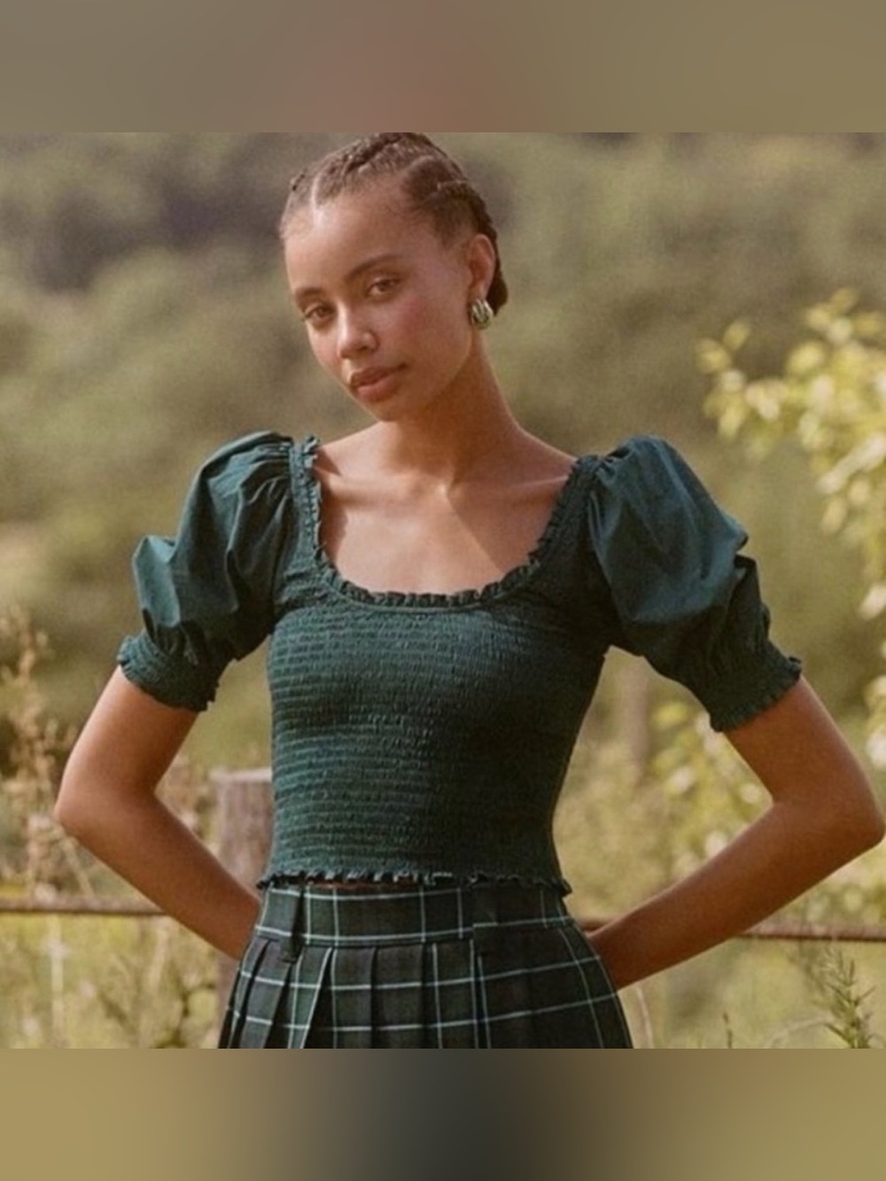 HILL HOUSE - Aiko Smocked Puff-Sleeve Crop Top in deep emerald, sz M
